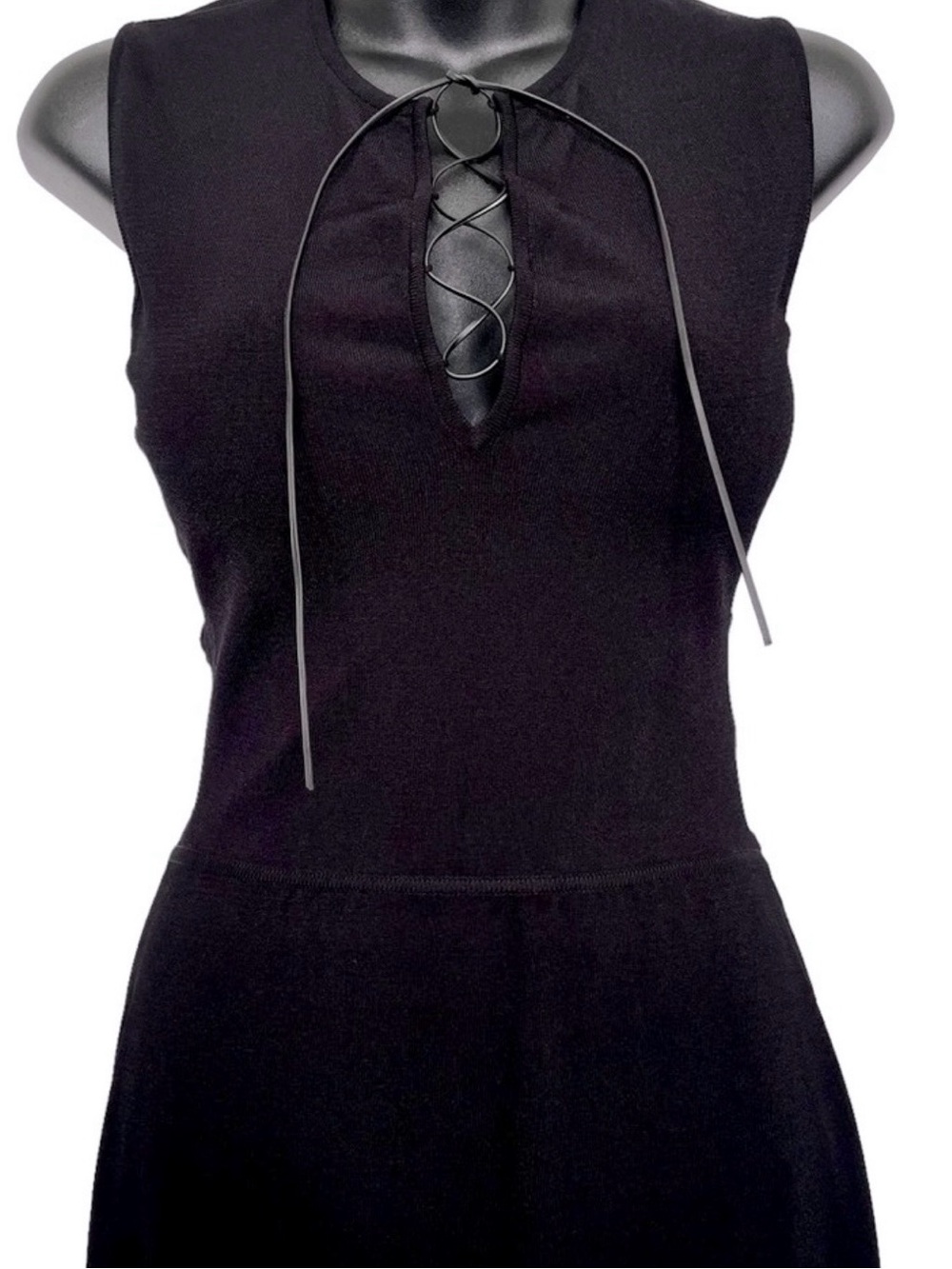 Vintage Gucci Black Sheath Dress Leather Lace-Up Neck Ruched Designer Dress Med - Picture 2 of 12